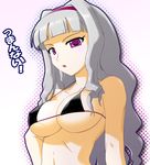  bikini breasts cleavage currysky grey_hair hairband hand_on_hip highres idolmaster idolmaster_(classic) large_breasts long_hair micro_bikini open_mouth purple_eyes purple_hairband shijou_takane solo string_bikini swimsuit 