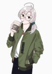  1girl ahoge alternate_hairstyle antenna_hair bespectacled black_pants drinking_straw glasses green_eyes green_jacket grey_background grey_hair hair_ornament hair_over_shoulder hair_scrunchie hair_tie hand_in_pocket highres jacket kantai_collection kinugasa_(kantai_collection) looking_at_viewer ojipon pants scrunchie simple_background sipping solo standing tumbler 