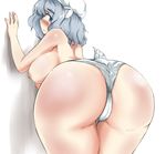  animal_ears ass ass_focus bear_ears bear_tail bent_over blue_eyes blush breasts eyebrows hat highres huge_ass huge_breasts letty_whiterock looking_at_viewer looking_back nipples panties plump ramototu short_hair silver_hair solo tail thick_thighs thigh_gap thighs topless touhou underwear white_panties wide_hips 
