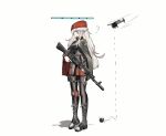  1girl absurdres ak-74m ak74m_(girls'_frontline) assault_rifle black_boots black_pantyhose boots brown_hair commentary girls'_frontline gun guro headset health_bar highres kalashnikov_rifle knee_boots long_hair pantyhose purple_eyes red_skirt rifle skirt thighs user_jyux3852 weapon 