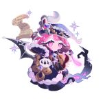  1girl black_cape black_hair black_hat black_tail black_wings bright_pupils brown_capelet cape capelet cat_tail chibi chibi_only closed_mouth colored_skin commentary cookie_run cookie_run:_kingdom demon_girl demon_wings dot_mouth dot_nose eternal_sugar_cookie eternal_sugar_cookie_(ink_for_a_tragicomedy) feathers frilled_capelet frills full_body fur_cape gem gradient_hair grey_wings hat hat_feather hat_ornament highres long_eyelashes looking_ahead medium_hair multicolored_hair official_alternate_costume official_alternate_hair_color official_alternate_hair_length official_alternate_hairstyle pink_eyes pink_skin purple_gem reed_(makuri_reed) silver_trim simple_background single_wing slit_pupils solo sparkle standing streaked_hair tail tareme two-tone_hair two-tone_wings untranslatable_commentary white_background white_eyeshadow white_feathers white_hair white_pupils wings 