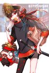  1boy asymmetrical_clothes asymmetrical_legwear bag black_pants black_shirt bracelet cape commentary_request crest donut eating family_crest fate/grand_order fate_(series) food hair_over_one_eye hat high_collar highres holding holding_food holding_sheath holding_sword holding_weapon jewelry katana koha-ace long_hair low_ponytail male_focus medallion military_hat mini_nobu_(fate) multiple_persona oda_kippoushi_(fate) oda_nobunaga_(fate) oda_uri pants paper_bag peaked_cap ponytail red_cape red_eyes sheath sheathed shirt sword uneven_legwear weapon yui_(tamagohan) 