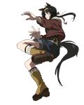  1girl absurdres animal_ears black_hair black_shorts brown_hairband brown_shirt closed_mouth collarbone ear_covers full_body hair_ornament hairband hairclip highres horse_ears horse_girl horse_tail jacket jewelry logotype_(umamusume) long_hair long_sleeves m7_(artist) red_jacket shirt shorts simple_background solo tail umamusume yellow_eyes 
