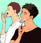  2boys aqua_background beard_stubble black_shirt closed_eyes closed_mouth commentary_request facial_hair green_hair haikyuu!! holding holding_razor male_focus messy_hair multiple_boys open_mouth razor red_hair safety_razor shaving shaving_beard shaving_cream shirt short_hair sleepy stubble tendou_satori tkr_241 upper_body ushijima_wakatoshi white_shirt yawning 