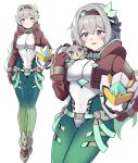 1girl 1other absurdres belt black_ribbon blush bodysuit bracelet breasts brown_hairband brown_jacket chimera_(honkai:_star_rail) closed_mouth commentary english_commentary erushira firefly_(chimerric_park_countdown)_(honkai:_star_rail) firefly_(honkai:_star_rail) gradient_hair green_pupils grey_hair hair_between_eyes hair_intakes hair_ornament hair_ribbon hairband helmet highres holding holding_unworn_helmet honkai:_star_rail honkai_(series) jacket jewelry long_hair multicolored_bodysuit multicolored_hair official_alternate_costume open_mouth ribbon smile unworn_headwear unworn_helmet 