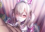  1boy 1girl bandages bangs cum cum_in_mouth fellatio fellatio_under_mask gloves grey_hair hair_ornament hair_over_one_eye hat hetero mask mole mole_under_eye mouth_mask nijisanji nurse nurse_cap oral purple_eyes solo_focus sukoya_kana twintails virtual_youtuber white_gloves x_hair_ornament xwu 