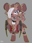  3_toes anthro bottomwear breasts clothing crossover cybernetic_arm cybernetic_limb cybernetics cyberpunk cyberpunk_2077 digital_media_(artwork) feet female frown fur hair hair_over_eye hi_res hunched_over hyaenid jk_(kemokin_mania) kemokin_mania looking_at_viewer machine mammal mantis_blades one_eye_obstructed open_mouth prosthetic prosthetic_arm prosthetic_limb purple_eyes simple_background solo spots spotted_hyena standing toes topwear weapon white_clothing 