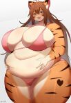  absurd_res anthro belly belly_squeeze big_belly big_breasts bikini blush bodily_fluids breasts brown_hair clothing felid female fur green_eyes hair hand_on_stomach heart_(marking) hi_res huge_breasts huge_thighs kakuteki11029 long_hair looking_at_viewer mammal orange_body orange_fur overweight pantherine pink_bikini pink_clothing pink_swimwear portrait simple_background solo standing stripes sweat sweatdrop swimwear tan_body tan_fur thick_thighs three-quarter_portrait tiger wet wide_hips 