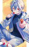  1boy absurdres black_shirt blue_jacket candy earrings food grey_hair grey_pants highres holding holding_food hood hood_down jacket jewelry karonaru lollipop long_sleeves looking_at_viewer male_focus orange_eyes original pants shirt short_hair solo stud_earrings turtleneck 