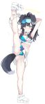  1girl animal_ears armpits bangs bare_arms bare_legs bare_shoulders berserkert black_hair blue_archive blush breasts cheerleader crop_top dog_ears dog_girl dog_tail eyewear_on_head flying_sweatdrops goggles goggles_on_head halo hibiki_(blue_archive) hibiki_(cheerleader)_(blue_archive) highres leg_up long_hair looking_at_viewer medium_breasts midriff navel pleated_skirt shoes simple_background skirt small_breasts sneakers solo split standing standing_on_one_leg standing_split sticker_on_face tail thighs white_background white_footwear 