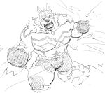  absurd_res angry anthro bulge cape clothing electricity eyebrows felid gindan hi_res lifewonders live-a-hero male mammal mask muscular muscular_anthro muscular_male pantherine pecs ryekie_(live-a-hero) solo superhero thick_eyebrows tiger video_games 