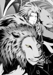  1boy an&#039;no_natsume beard blue_eyes facial_hair greyscale guilty_gear guilty_gear_xrd highres jacket leo_whitefang lion male_focus monochrome smile solo spiked_hair spot_color yellow_eyes 