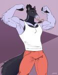  amon-sydonai anteater anthro antonio_fioravanti biceps black_hair bottomwear claws clothed clothing flexing fluffy fluffy_tail fully_clothed hair hi_res long_claws long_tongue looking_at_viewer male mammal muscular muscular_anthro muscular_male nonbinary_(lore) pants pilosan shirt solo standing tank_top tied_hair tongue tongue_out topwear xenarthran 