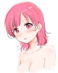  asumi-chan_wa_rezu_fuuzoku_ni_kyoumi_ga_arimasu! blush breasts collarbone commentary_request cropped_torso dot_nose embarrassed highres itsuki_kuro kusumoto_asumi looking_at_viewer medium_breasts medium_hair nude official_art open_mouth red_eyes red_hair sketch sweatdrop unfinished white_background 