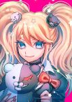  1girl bangs bear_hair_ornament black_choker black_shirt blonde_hair bow choker danganronpa:_trigger_happy_havoc danganronpa_(series) enoshima_junko esu_(tasoesu) green_eyes hair_between_eyes hair_ornament highres long_hair monokuma nail_polish pink_background red_bow red_nails shiny shiny_hair shirt solo twintails upper_body 