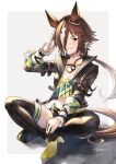  1girl :d animal_ears bangs black_footwear black_jacket black_shorts boots border brown_eyes brown_hair full_body grey_background grin hair_over_one_eye horse_ears horse_girl horse_tail indian_style jacket long_hair long_sleeves looking_at_viewer midriff mugen_kageno navel shoe_soles shorts sitting smile solo stopwatch_around_neck tail teeth thigh_boots umamusume vodka_(umamusume) white_border 