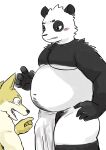 2022 anthro belly big_belly black_body black_nose blush canid canine canis domestic_dog duo giant_panda hi_res humanoid_hands kemono male mammal moobs overweight overweight_male simple_background tobyou_222 towel ursid white_body 