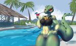  absurd_res alcohol alcoholic_drink anthro argonian bethesda_softworks beverage bottomless clothed clothing exhibitionism fangs female hi_res medallion meer-mah palm_tree plant poolside red_eyes scalie shrub solo solo_focus tan_body the_elder_scrolls topwear tree tsuraipossum vampire video_games 