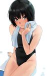  1girl amagami arm_support bangs black_hair black_one-piece_swimsuit blush breasts commentary_request competition_swimsuit cowboy_shot full_body highres looking_at_viewer medium_breasts nanasaki_ai one-piece_swimsuit short_hair sitting solo swimsuit towel towel_around_neck yoo_tenchi 