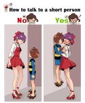  1boy 2girls blue_shirt blue_shorts blush chibi chibi_inset choker commentary_request dress embarrassed english_text full-face_blush gegege_no_kitarou geta height_difference high_heels highres how_to_talk_to_short_people_(meme) inuyama_mana kitarou lifting_person meme multiple_girls nekomusume nekomusume_(gegege_no_kitarou_6) pointy_ears purple_hair red_choker red_dress red_footwear shirt shirt_under_dress short_dress short_hair shorts silanduqiaocui striped striped_vest sweatdrop vest white_shirt yellow_eyes 