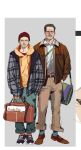  2boys absurdres bag beanie breaking_bad colart606 facial_hair full_body glasses hat highres jacket jesse_pinkman multiple_boys standing walter_white 