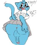  2016 anthro anus blue_body blue_fur blush bodily_fluids bottomless bottomwear breasts butt cartoon_network clothed clothing crossgender digital_media_(artwork) domestic_cat embarrassed english_text eyelashes felid feline felis ftg_crossgender fti_crossgender fur genital_fluids genitals gynomorph humanoid_genitalia humanoid_penis intersex looking_at_viewer looking_back mammal mature_anthro mature_gynomorph mature_intersex medium_breasts nicole_watterson penis precum presenting presenting_anus presenting_hindquarters raised_tail simple_background skirt solo text the_amazing_world_of_gumball thick_thighs upskirt whiskers white_background ziggysmut 
