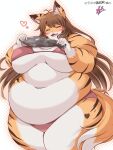  &lt;3 absurd_res ahoge anthro belly big_belly big_breasts bikini blush breasts brown_hair catkey clothing eating eyes_closed felid female fish_meat fluffy fluffy_tail food fur fur_markings hair heart_(marking) hi_res inner_ear_fluff kurocazenosora love_handles mammal markings meat navel neck-fluff open_mouth orange_body orange_fur overweight pantherine portrait simple_background solo standing stripes swimwear thick_thighs three-quarter_portrait tiger tuft white_body white_fur wide_hips 