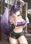  1girl absurdres animal_ear_fluff animal_ears bangs black_shorts blurry blurry_background bottle breasts cleavage commission dolphin_shorts earrings fox_ears fox_tail gym highres holding holding_bottle holding_towel indoors jewelry korean_commentary large_breasts lillly long_hair looking_at_viewer navel original parted_lips ponytail purple_hair purple_sports_bra purple_tail short_shorts shorts sidelocks solo sports_bra stomach sweat tail tail_raised thighs towel water_bottle wiping_sweat yellow_eyes 
