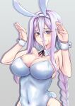  alternate_breast_size animal_ears bare_shoulders blush braid breasts cleavage commentary_request detached_collar embarrassed fake_animal_ears grey_background hair_between_eyes huge_breasts kumo_desu_ga_nani_ka? leotard light_purple_hair playboy_bunny purple_eyes rabbit_ears ryo_(sora-ryu) shiraori sidelocks simple_background single_braid strapless strapless_leotard upper_body very_long white_leotard 