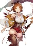  1girl absurdres atelier_(series) atelier_ryza atelier_ryza_3 blush breasts brown_eyes brown_hair choker cleavage earrings gloves hair_ornament hairclip hat highres holding holding_weapon jewelry large_breasts looking_at_viewer mooofoo navel necklace red_shorts reisalin_stout short_hair short_shorts shorts smile solo thick_thighs thighhighs thighs weapon white_headwear 
