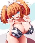  1girl :d absurdres alternate_breast_size animal_print bikini blue_eyes blush breasts cleavage cow_print fairy fairy_wings fang hair_ribbon highres huge_breasts open_mouth oppai_loli orange_hair pointy_ears print_bikini ribbon short_hair skin_fang smile solo strap_lift sunny_milk swimsuit touhou twintails wings xialu_zajin 