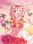  1girl ;d absurdres akitsuki_(oenothera) bikini blonde_hair blush breasts flower frilled_skirt frills hair_flower hair_ornament head_wreath hibiscus highres lei lycoris_recoil nishikigi_chisato one_eye_closed open_mouth outdoors palm_tree red_eyes red_skirt short_hair skirt skirt_hold sky smile solo strapless swimsuit tree tube_top 