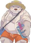  44odosi absurd_res anthro belly beverage blush bottomwear brown_body brown_fur bubble_tea clothing fur hat headgear headwear hi_res jambavan lifewonders looking_at_viewer male mammal messenger_bag musclegut overweight pecs shorts simple_background solo straw_hat tokyo_afterschool_summoners ursid video_games white_background 