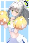  1girl basa_rutan blue_archive blush breasts cheerleader commentary_request green_eyes grey_hair hair_intakes hair_ornament hairclip halo hare_(blue_archive) highres long_hair pleated_skirt pom_pom_(cheerleading) ponytail skirt small_breasts solo white_skirt 