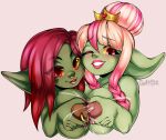  big_breasts bodily_fluids breast_squish breasts breasts_frottage facial_piercing female goblin green_body green_skin guttybee hair hi_res humanoid lactating nose_piercing nose_ring not_furry piercing pink_hair ring_piercing squish 