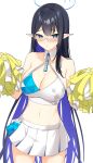  1girl bare_arms black_hair blue_archive blue_eyes blue_hair breasts cleavage collarbone cosplay crop_top glasses halo hibiki_(cheerleader)_(blue_archive) hibiki_(cheerleader)_(blue_archive)_(cosplay) highres large_breasts long_hair looking_at_viewer multicolored_hair pleated_skirt pom_pom_(cheerleading) rin_(blue_archive) simple_background skirt solo tennen_inari two-tone_hair upper_body very_long_hair white_background white_skirt 