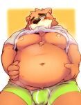  2022 anthro belly big_belly blush bulge clothed clothing clothing_lift eyewear glasses hi_res humanoid_hands kemono kumazawow lifewonders male mammal moobs navel nipples one_eye_closed overweight overweight_male shirt shirt_lift solo tokyo_afterschool_summoners topwear underwear ursid video_games volos 