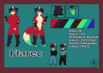  absurd_res anthro athletic athletic_anthro black_clothing black_hair black_legs canid canine claws clothing eyewear flarecfox fox front_view fur glasses green_hair green_tongue hair hi_res male male/male mammal model_sheet paws pinup pose purple_eyes red_body red_fur text tongue unknown_artist 
