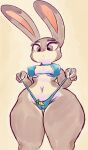  2022 anthro bikini bikini_bottom bikini_top breasts camel_toe clothing disney female fur grey_body grey_fur hi_res judy_hopps kiseff lagomorph leporid mammal multicolored_body multicolored_fur purple_eyes rabbit simple_background solo swimwear two_tone_body two_tone_fur white_body white_fur zootopia 