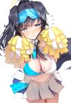  1girl animal_ears bangs black_hair blue_archive blush breasts cheerleader cleavage clothes_writing crop_top dog_ears dog_girl dog_tail flying_sweatdrops goggles goggles_on_head grey_eyes hibiki_(blue_archive) hibiki_(cheerleader)_(blue_archive) highres holding holding_pom_poms large_breasts long_hair looking_at_viewer nidaime_(doronbo) open_mouth pleated_skirt pom_pom_(cheerleading) ponytail simple_background skirt solo sweat tail wavy_mouth white_background 