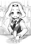  1girl bartender champagne_flute cup drinking_glass hairband hatching_(texture) idolmaster idolmaster_cinderella_girls kusakabe_wakaba monochrome necktie open_mouth shelf sketch smile solo upper_body vest yakou_kino 