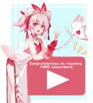  absurdres bangs congratulations crop_top dress english_text glasses gloves highres indie_virtual_youtuber macchoko open_mouth original pink_dress pink_eyes pink_hair pink_shirt rabbit ryuhyo_rione shirt short_twintails simple_background thick_eyebrows twintails virtual_youtuber white_dress 
