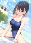  1girl absurdres black_hair blue_one-piece_swimsuit blue_sky building cloud commentary_request competition_school_swimsuit cowboy_shot day fence grey_eyes highres lane_line original outdoors pool school_swimsuit short_hair sky solo spread_legs standing stretching swimsuit tama_tanuki 