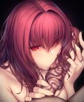  bangs blush breasts censored fate/grand_order fate_(series) fellatio highres large_breasts licking licking_penis long_hair looking_at_viewer lun7732 mosaic_censoring oral penis purple_hair red_eyes scathach_(fate) solo_focus sweat tongue veins veiny_penis 