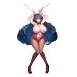  1girl animal_ears armpits arms_up ass_visible_through_thighs bangs big_hair blue_eyes blue_hair bow bowtie breasts brown_pantyhose bunny_pose cleavage collar covered_navel curvy detached_collar detached_sleeves fake_animal_ears full-length_zipper full_body game_cg high_heels highleg highleg_leotard highres huge_breasts knees_together_feet_apart last_origin leotard linea_alba long_hair looking_at_viewer name_tag neck_ribbon oberonia_rhea official_alternate_costume official_art open_mouth pantyhose partially_unzipped piercing playboy_bunny rabbit_ears red_footwear red_ribbon ribbon shoes simple_background snowball22 solo standing strapless strapless_leotard tachi-e thigh_gap thighs transparent_background very_long_hair white_collar white_leotard zipper 