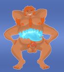 4_arms absurd_res balls demon feet genitals hairy hi_res multi_arm multi_limb musk orange_body orange_skin overweight penis slightly_chubby stomach_mouth 