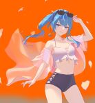 1girl absurdres arm_up blue_eyes blue_hair blue_ribbon boku_no_edamame breasts camisole closed_mouth collarbone eyewear_on_head floating_hair hair_ribbon hand_on_eyewear highres hololive hoshimachi_suisei long_hair looking_at_viewer navel orange_background ribbon side_ponytail sidelocks small_breasts solo stomach sunglasses swimsuit thighs virtual_youtuber wavy_hair 