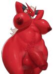 anthro areola balls biped blaziken blue_eyes bodily_fluids breasts generation_3_pokemon genitals gynomorph half-erect hands_behind_head hi_res im51nn5 intersex navel nintendo nipples penis pokemon pokemon_(species) pubes red_body simple_background slightly_chubby solo sweat thick_thighs video_games wavy_mouth white_background 