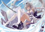  absurdres ahoge blurry blurry_background boots breasts bride earrings grey_hair highres holding holding_sword holding_weapon ice jewelry lazgear long_hair medium_breasts no_bra official_alternate_costume ponytail saki_fuwa_(tower_of_fantasy) sword thigh_boots thighhighs tower_of_fantasy weapon white_thighhighs yellow_eyes 