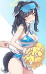  1girl absurdres animal_ears bangs black_hair blue_archive blue_eyes blush breasts cheerleader cleavage clothes_lift clothes_writing crop_top dog_ears dog_girl dog_tail goggles goggles_on_head halo hibiki_(blue_archive) hibiki_(cheerleader)_(blue_archive) highres holding holding_pom_poms kiritto large_breasts miniskirt official_alternate_costume open_mouth pleated_skirt pom_pom_(cheerleading) shirt skirt skirt_lift sleeveless sleeveless_shirt solo_focus sticker_on_arm sticker_on_face tail 